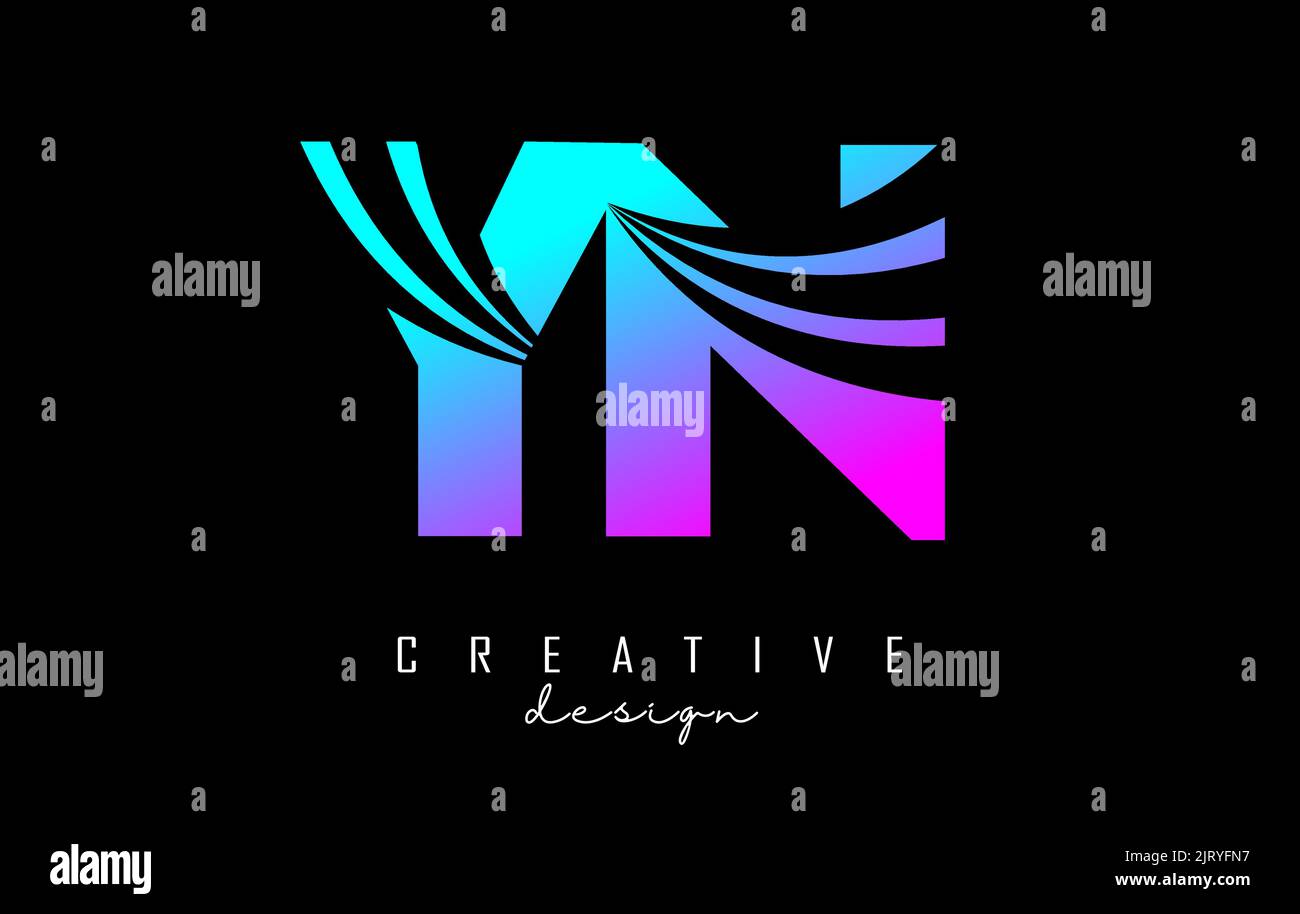 Creativo e colorato logo YN y n con lettere rosa e blu con linee di punta e design di concetto stradale. Lettere con disegno geometrico. Illustrazione vettoriale con Illustrazione Vettoriale