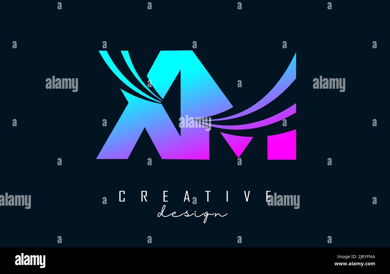 Logo XM x m con lettere rosa e blu con linee di punta e design del concetto stradale. Lettere con disegno geometrico. Illustrazione vettoriale con Illustrazione Vettoriale
