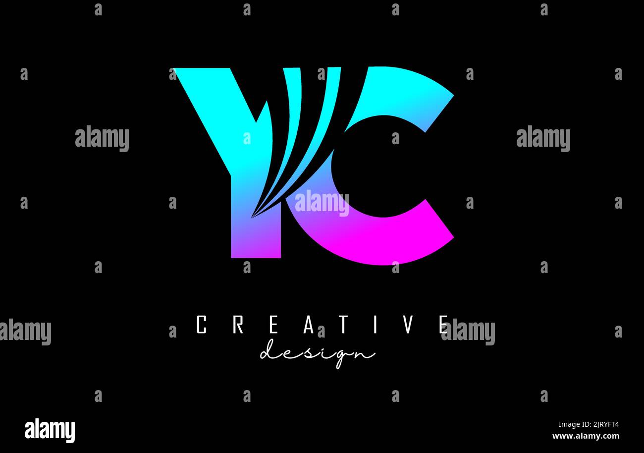 Logo Yc y c con lettere rosa e blu con linee di punta e design di concetto stradale. Lettere con disegno geometrico. Illustrazione vettoriale con Illustrazione Vettoriale