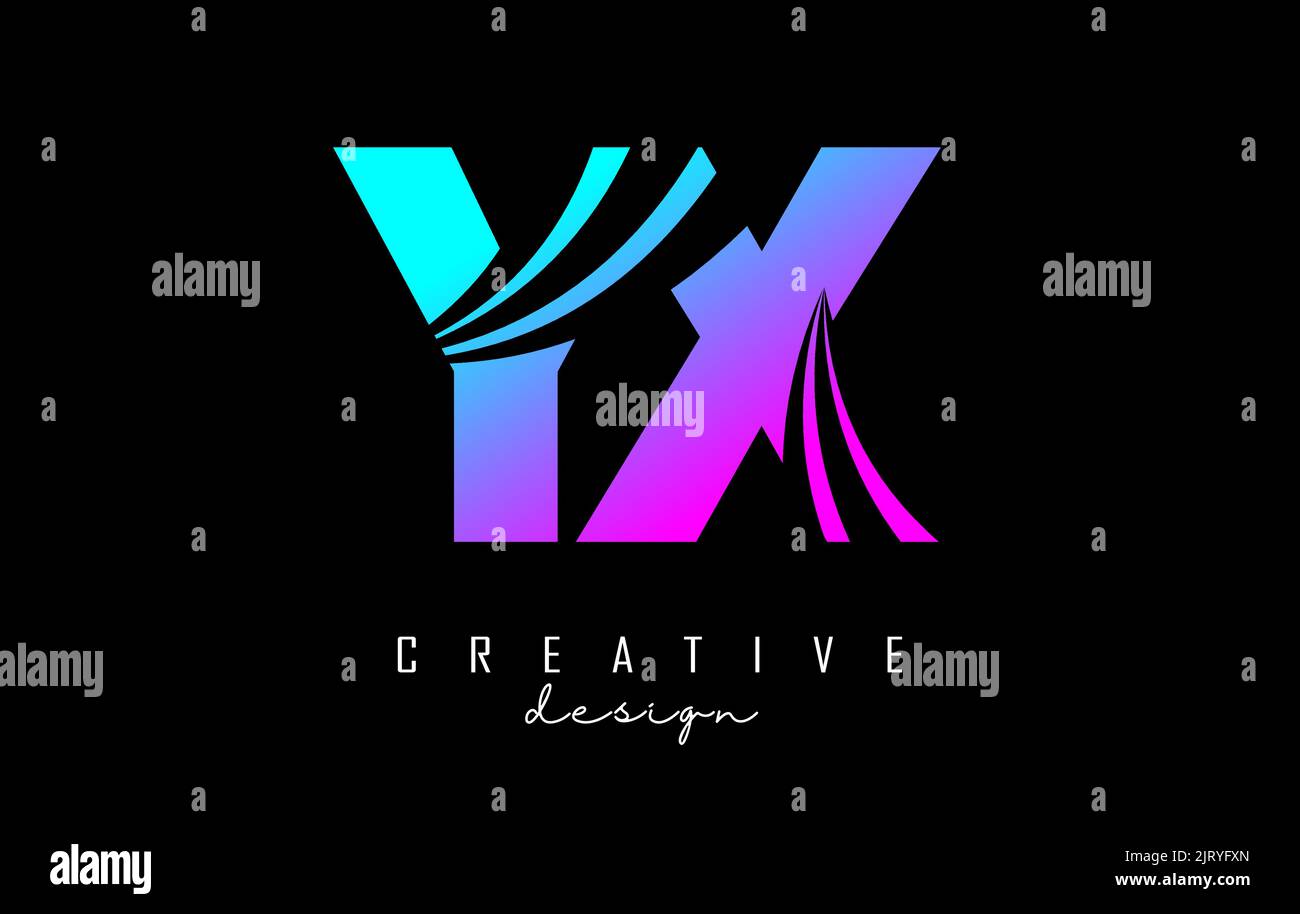 Logo YX y x con lettere rosa e blu con linee di punta e design del concept stradale. Lettere con disegno geometrico. Illustrazione vettoriale con Illustrazione Vettoriale