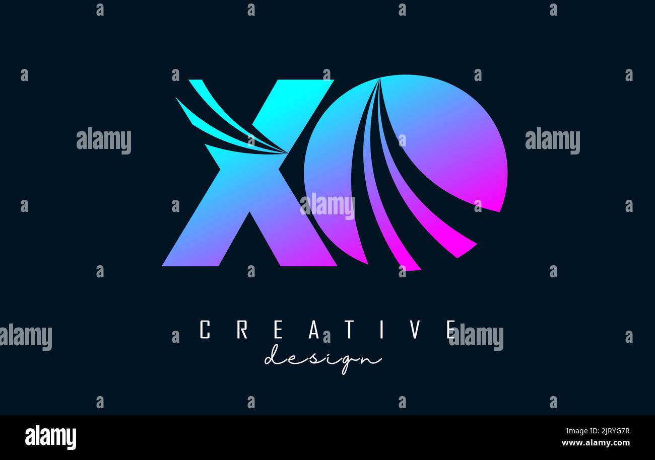 Creativo logo XO x o con lettere rosa e blu con linee di punta e design del concetto stradale. Lettere con disegno geometrico. Illustrazione vettoriale con Illustrazione Vettoriale