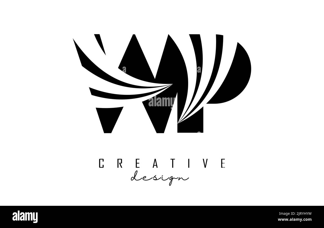 Lettera nera creativa WP w p logo con linee di punta e concept design stradale. Lettere con disegno geometrico. Illustrazione vettoriale con lettera e creat Illustrazione Vettoriale