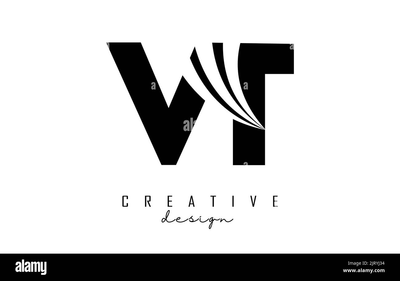 Logo creativo nero VT v t con linee di punta e design del concetto stradale. Lettere con disegno geometrico. Illustrazione vettoriale con lettera e creat Illustrazione Vettoriale