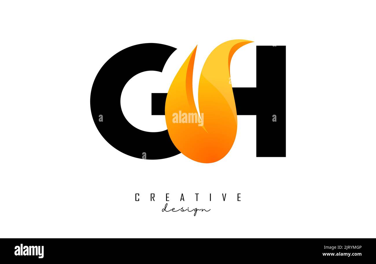 Illustrazione vettoriale delle lettere astratte GH g h con fiamme e disegno Orange Swoosh. Logo a lettere con taglio e forma creativi. Illustrazione Vettoriale