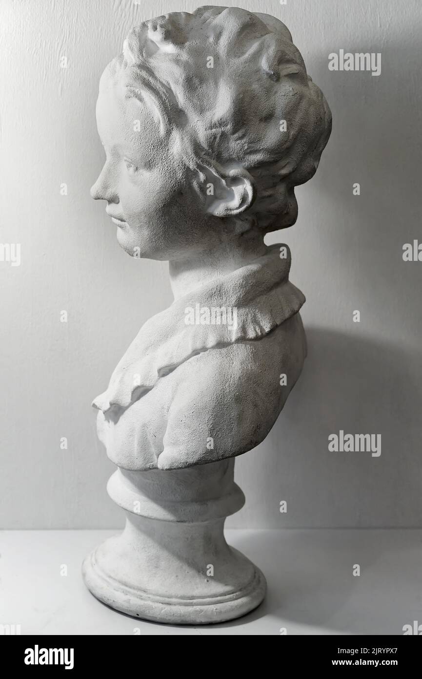 Testa in gesso modello per disegno e prospettiva sulle lezioni di arte in studio Foto Stock