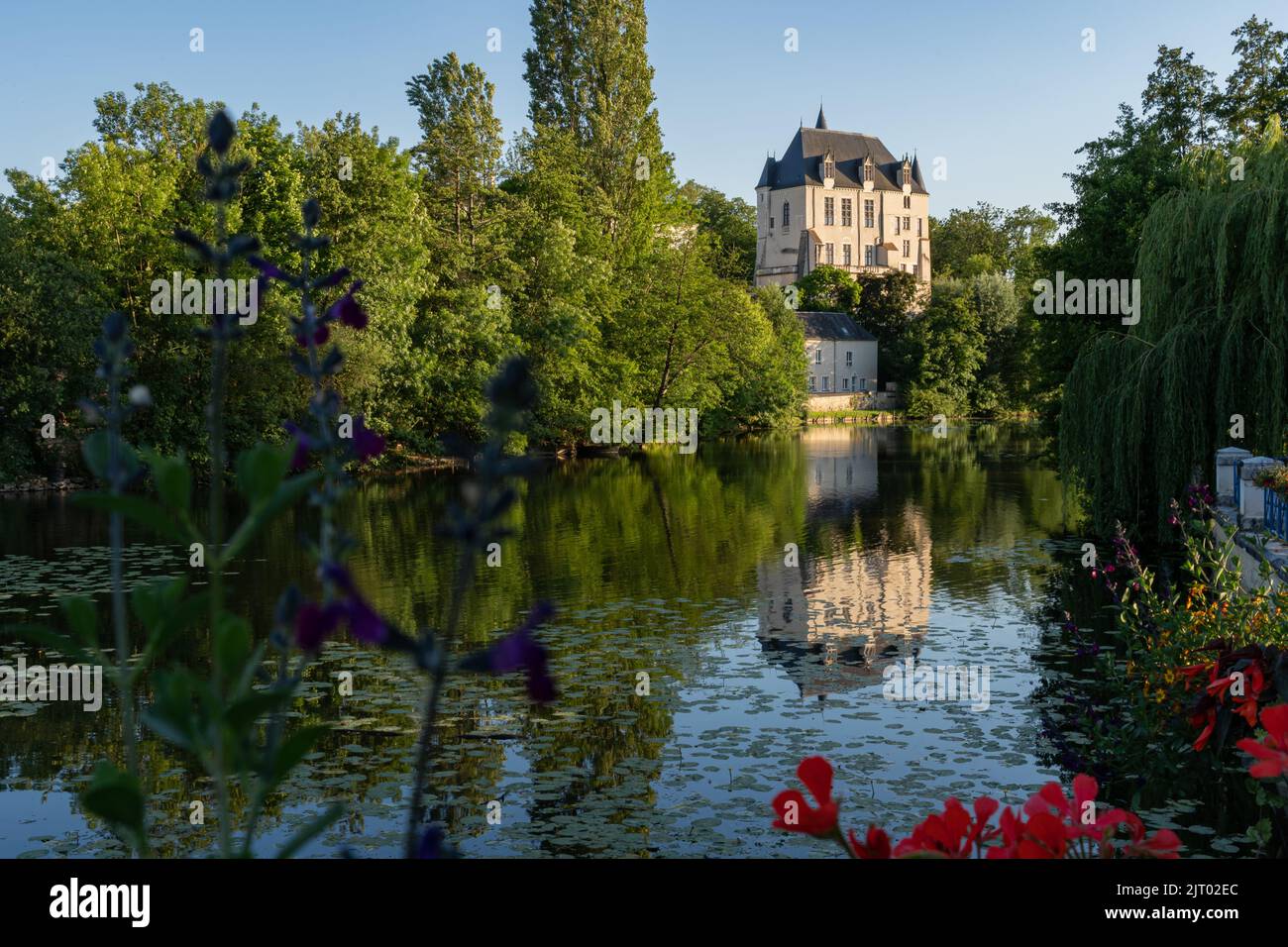Castello Raoul con fiore rosso e riflessione in acqua nella città di Chateauroux, Francia Foto Stock
