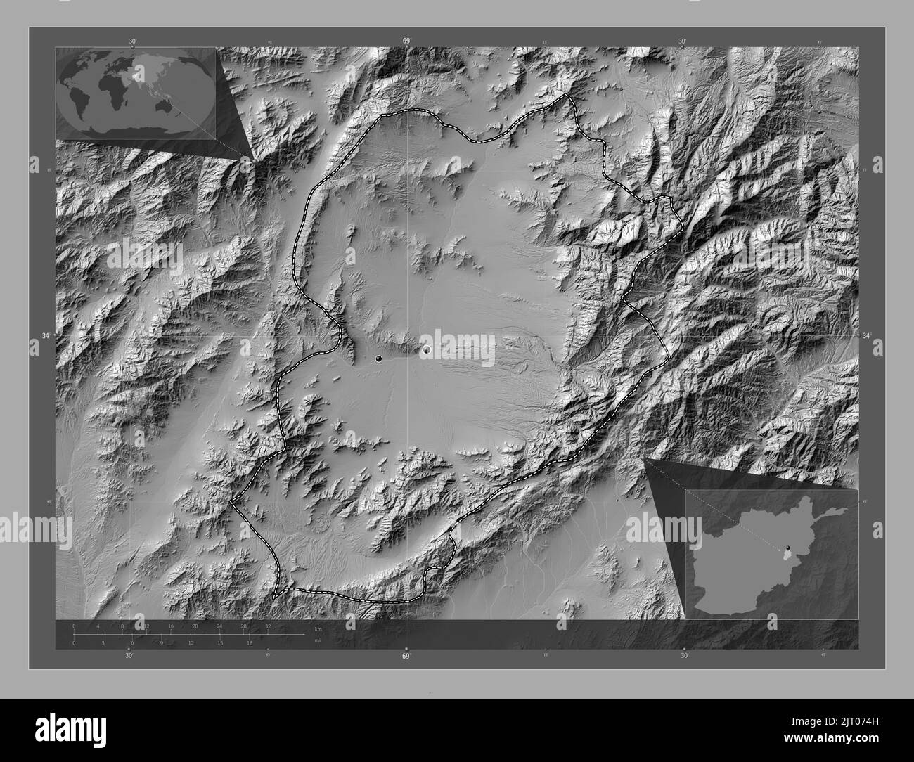 Logar, provincia dell'Afghanistan. Mappa altimetrica bilivello con laghi e fiumi. Posizioni delle principali città della regione. Mappe delle posizioni ausiliarie degli angoli Foto Stock