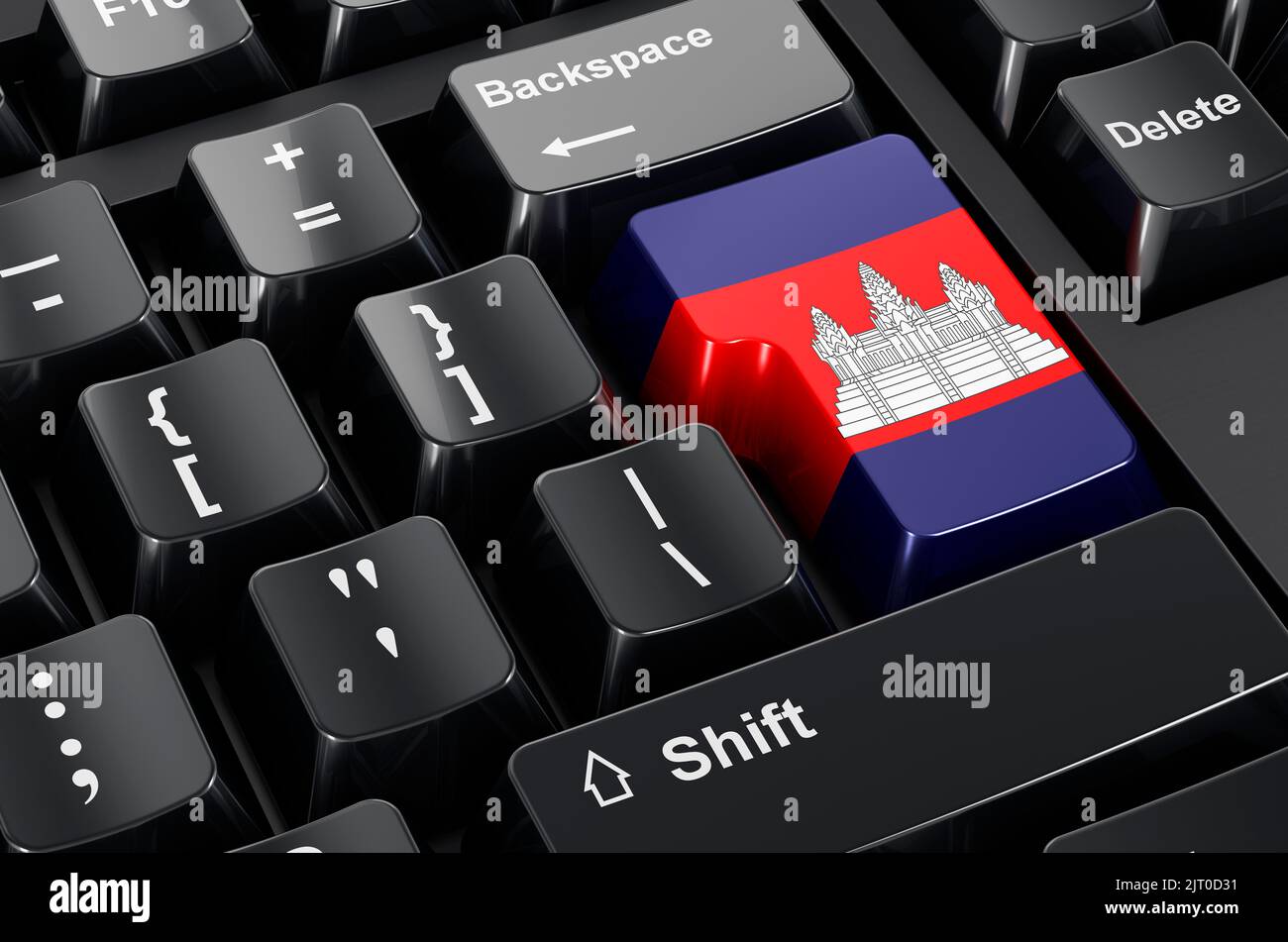 Bandiera cambogiana dipinta sulla tastiera del computer. Commercio in linea, concetto di formazione in Cambogia. Rendering 3D Foto Stock
