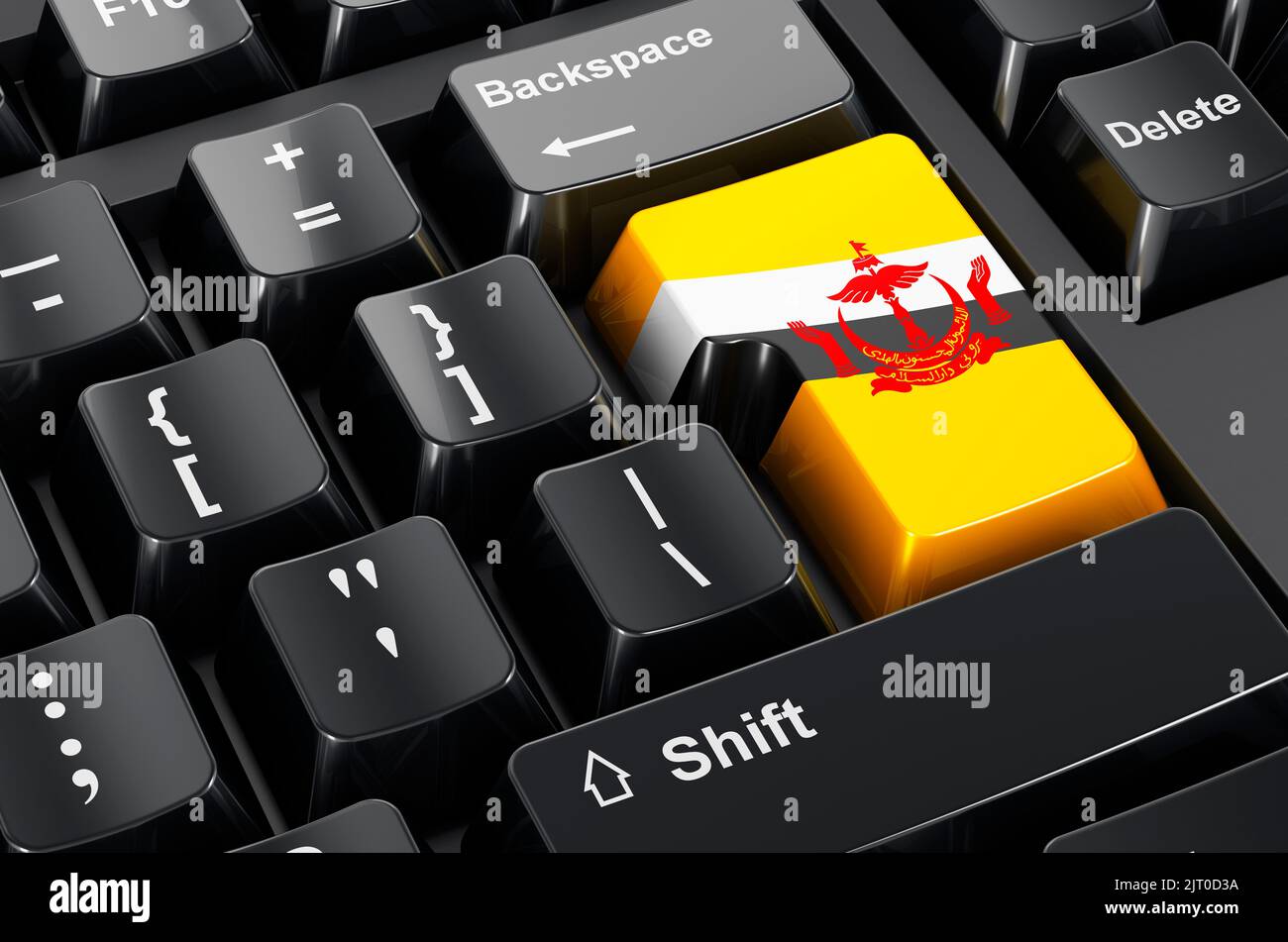 Bandiera del Bruneian dipinta sulla tastiera del computer. Commercio in linea, formazione nel concetto di Brunei. Rendering 3D Foto Stock