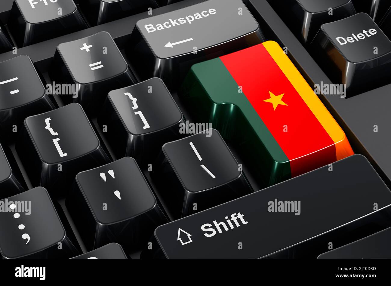 Bandiera cameronica dipinta sulla tastiera del computer. Commercio in linea, concetto di formazione in Camerun. Rendering 3D Foto Stock