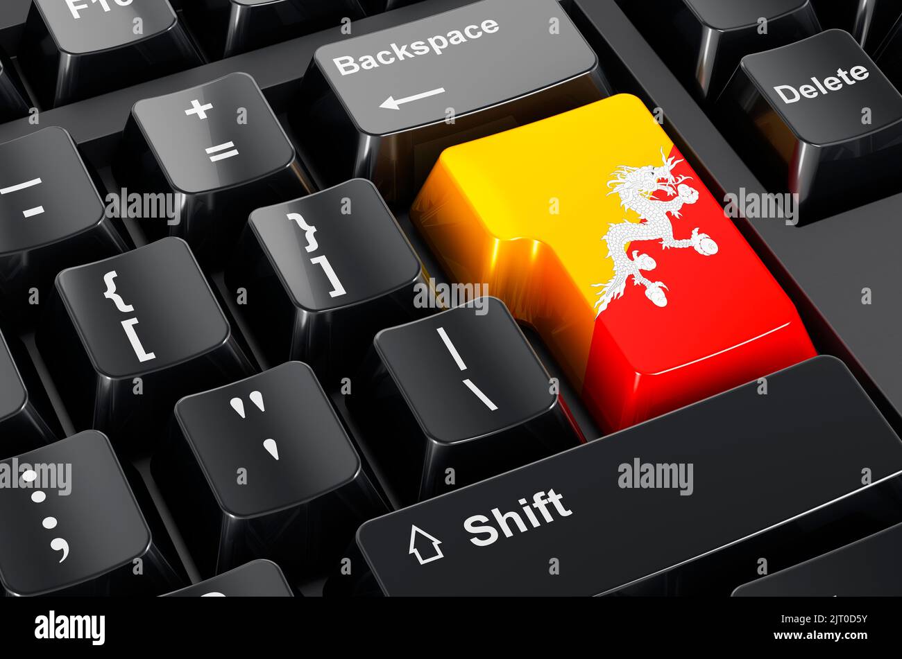 Bandiera bhutanese dipinta sulla tastiera del computer. Commercio in linea, formazione nel concetto del Bhutan. Rendering 3D Foto Stock