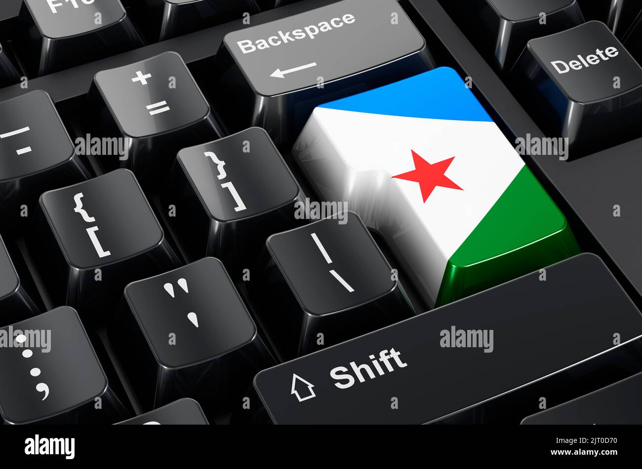 Bandiera di Gibuti dipinta sulla tastiera del computer. Commercio in linea, formazione nel concetto del Gibuti. Rendering 3D Foto Stock