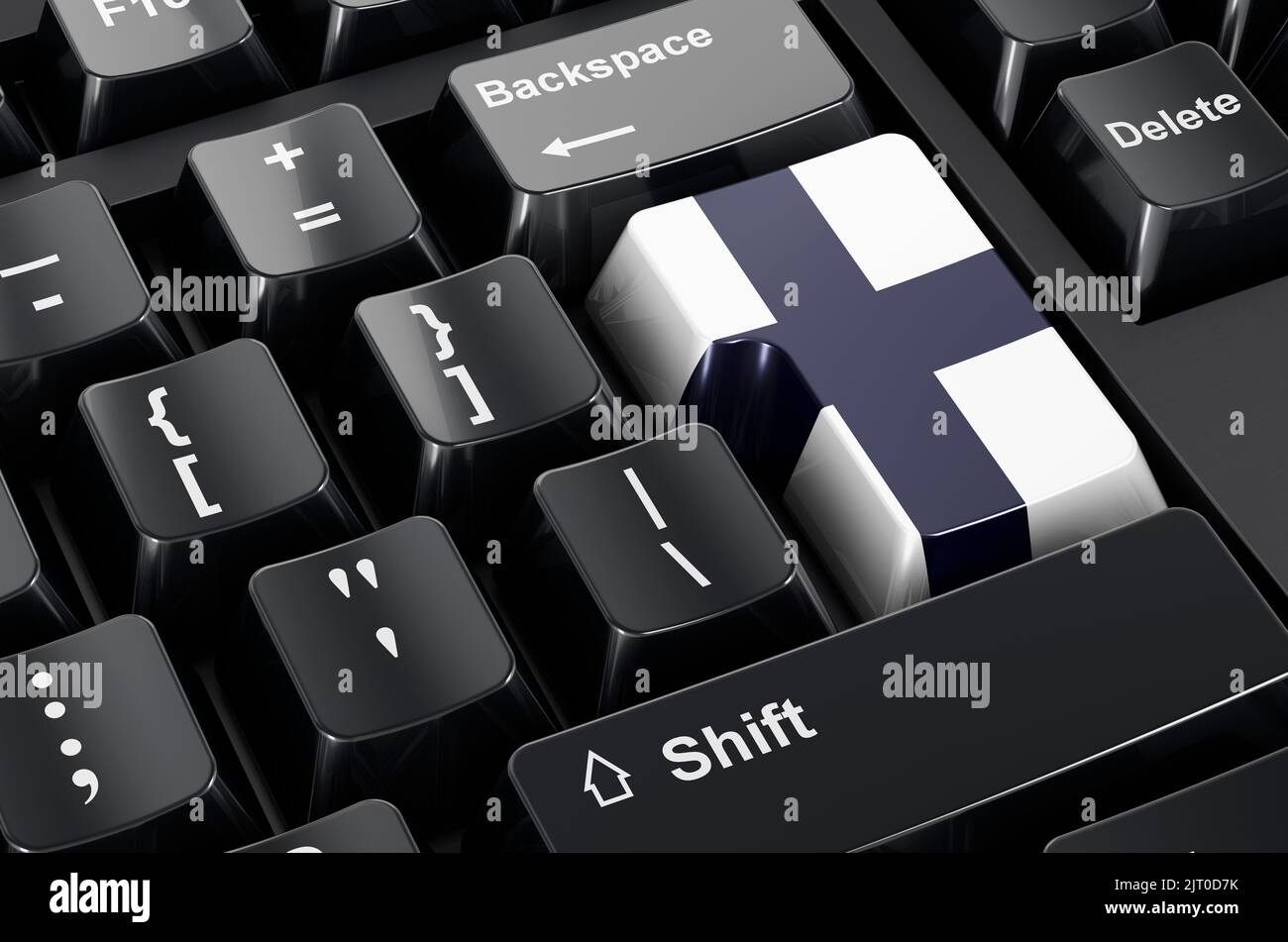 Bandiera finlandese dipinta sulla tastiera del computer. Concetto di business online, istruzione in Finlandia. Rendering 3D Foto Stock