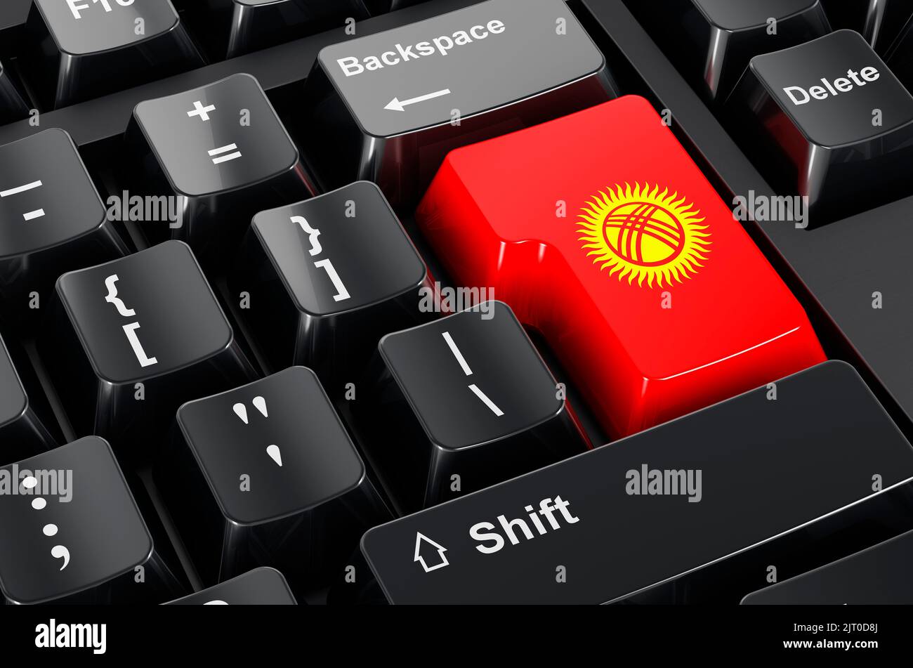 Bandiera Kyrgyz dipinta sulla tastiera del computer. Commercio in linea, formazione nel concetto del Kirghizistan. Rendering 3D Foto Stock