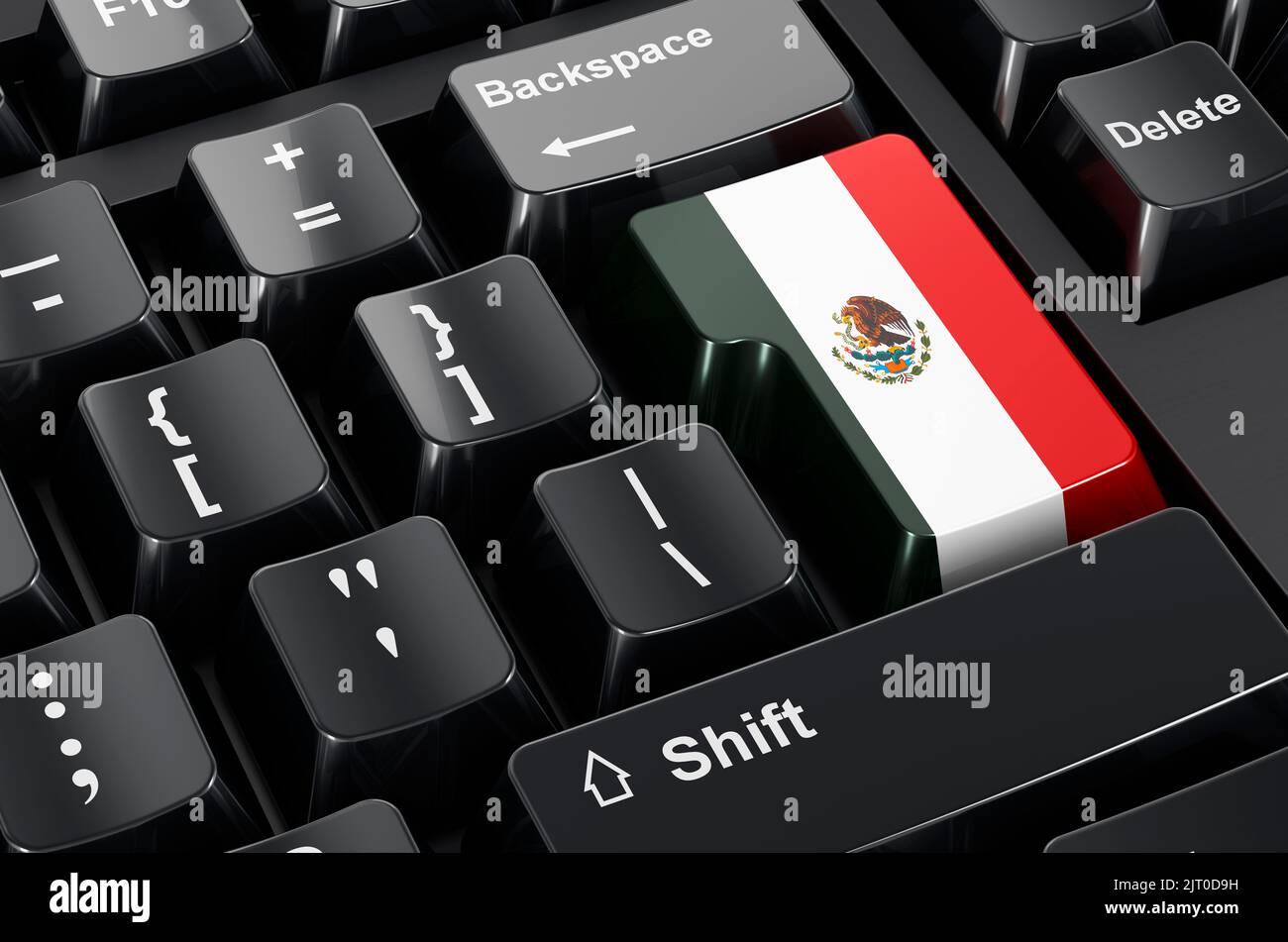 Bandiera messicana dipinta sulla tastiera del computer. Commercio in linea, concetto di formazione in Messico. Rendering 3D Foto Stock
