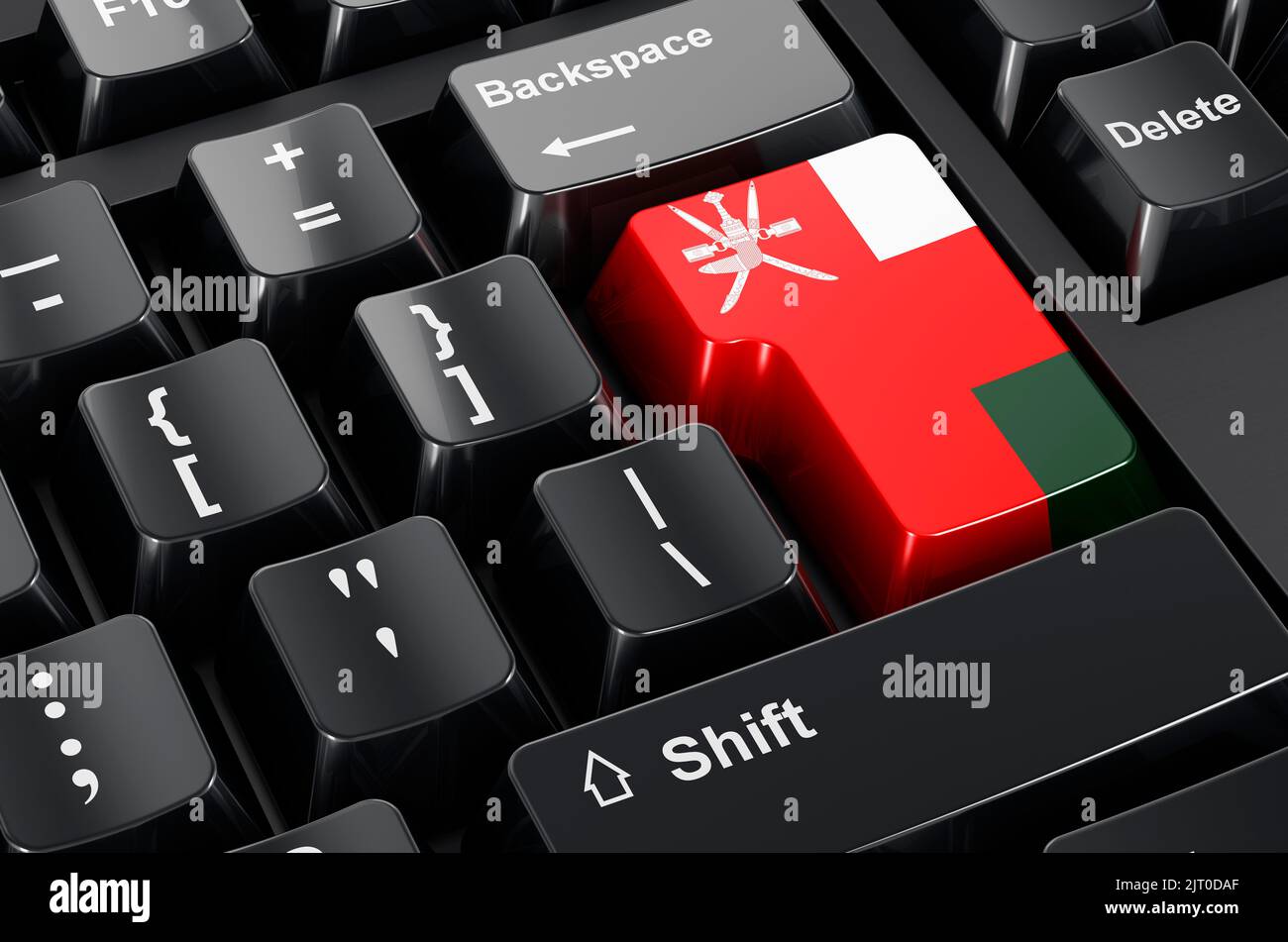 Bandiera Omani dipinta sulla tastiera del computer. Commercio in linea, formazione nel concetto di Oman. Rendering 3D Foto Stock