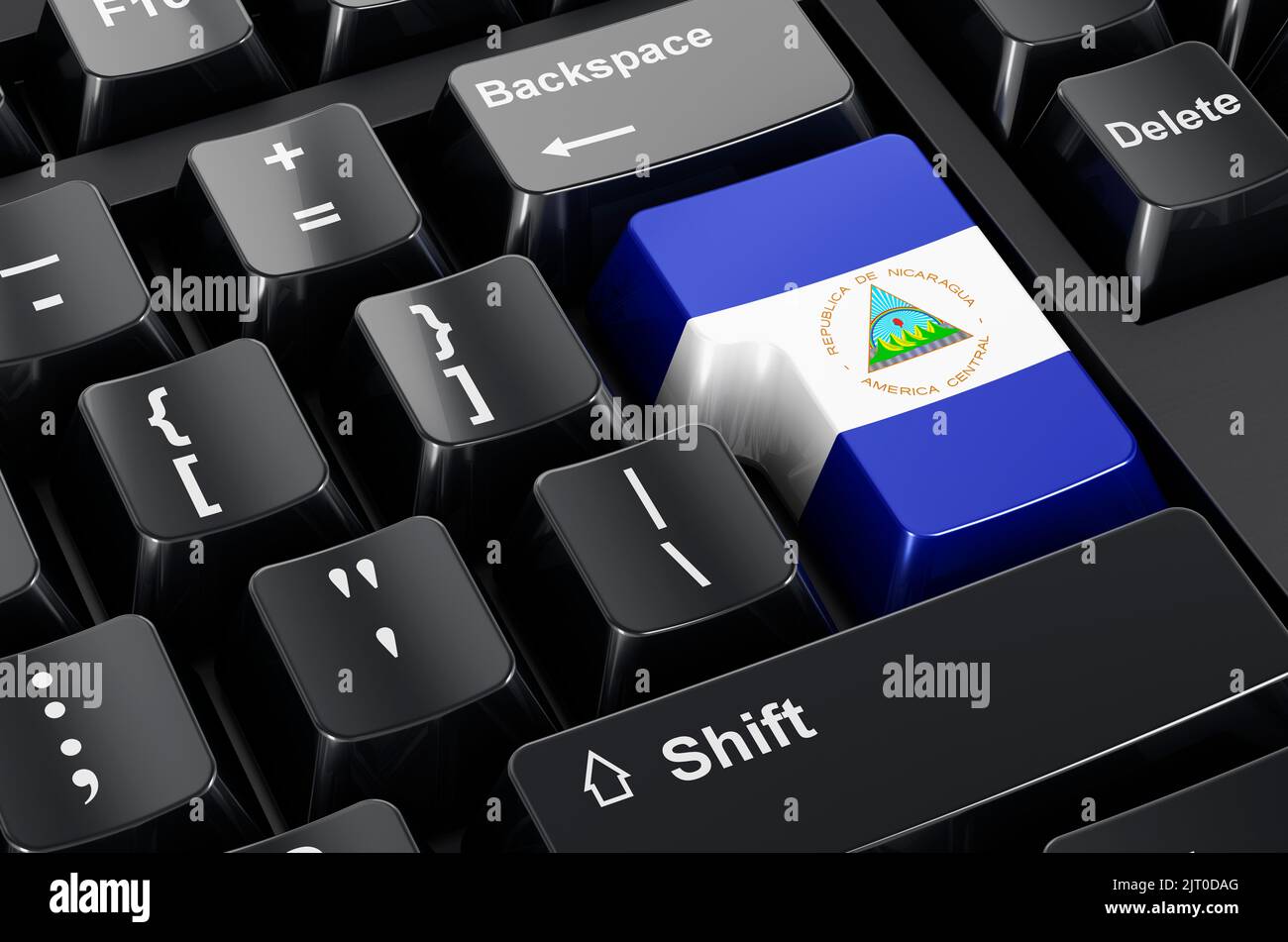 Bandiera nicaraguana dipinta sulla tastiera del computer. Commercio in linea, concetto di formazione in Nicaragua. Rendering 3D Foto Stock