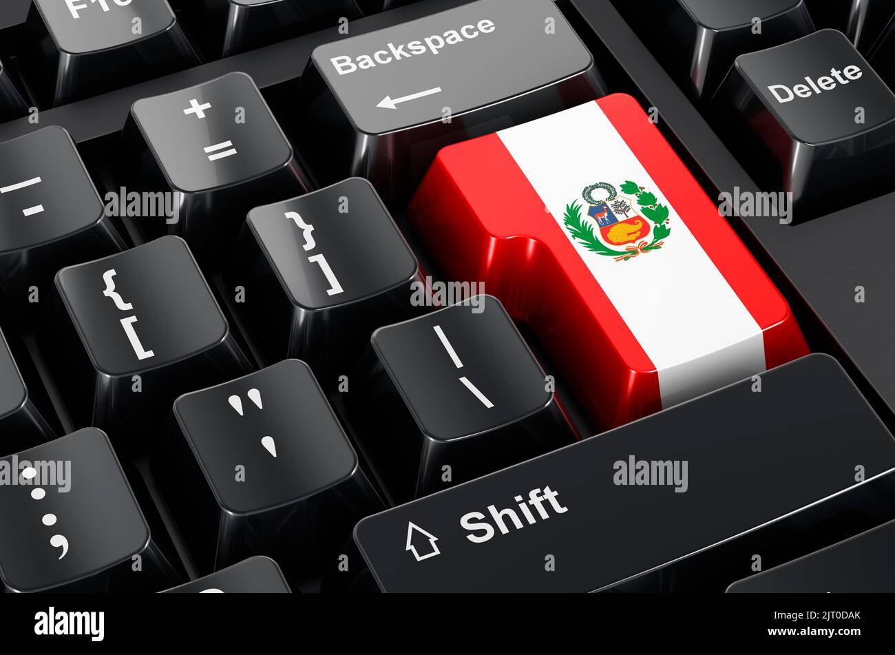 Bandiera peruviana dipinta sulla tastiera del computer. Commercio in linea, l'istruzione nel concetto del Perù. Rendering 3D Foto Stock