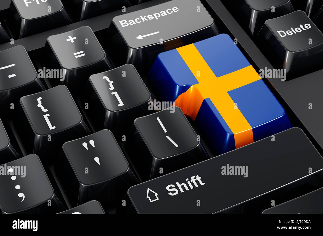 Bandiera svedese dipinta sulla tastiera del computer. Business online, concetto di istruzione in Svezia. Rendering 3D Foto Stock