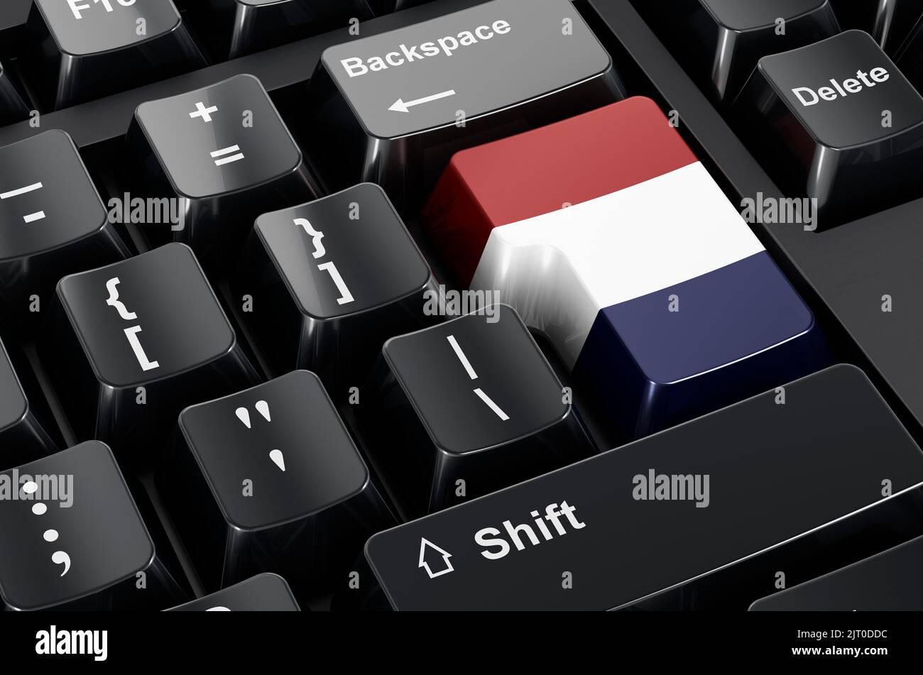 La bandiera olandese è dipinta sulla tastiera del computer. Commercio in linea, concetto di formazione nei Paesi Bassi. Rendering 3D Foto Stock