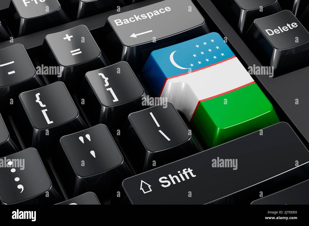 Bandiera uzbeka dipinta sulla tastiera del computer. Commercio in linea, concetto di formazione in Uzbekistan. Rendering 3D Foto Stock