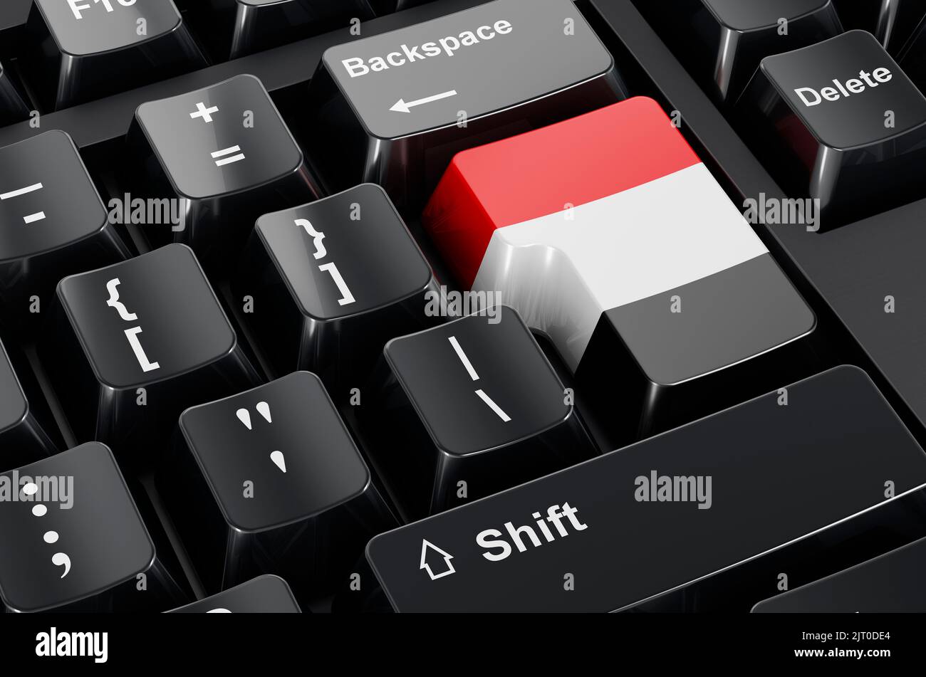 Bandiera yemenita dipinta sulla tastiera del computer. Commercio in linea, l'istruzione nel concetto dello Yemen. Rendering 3D Foto Stock