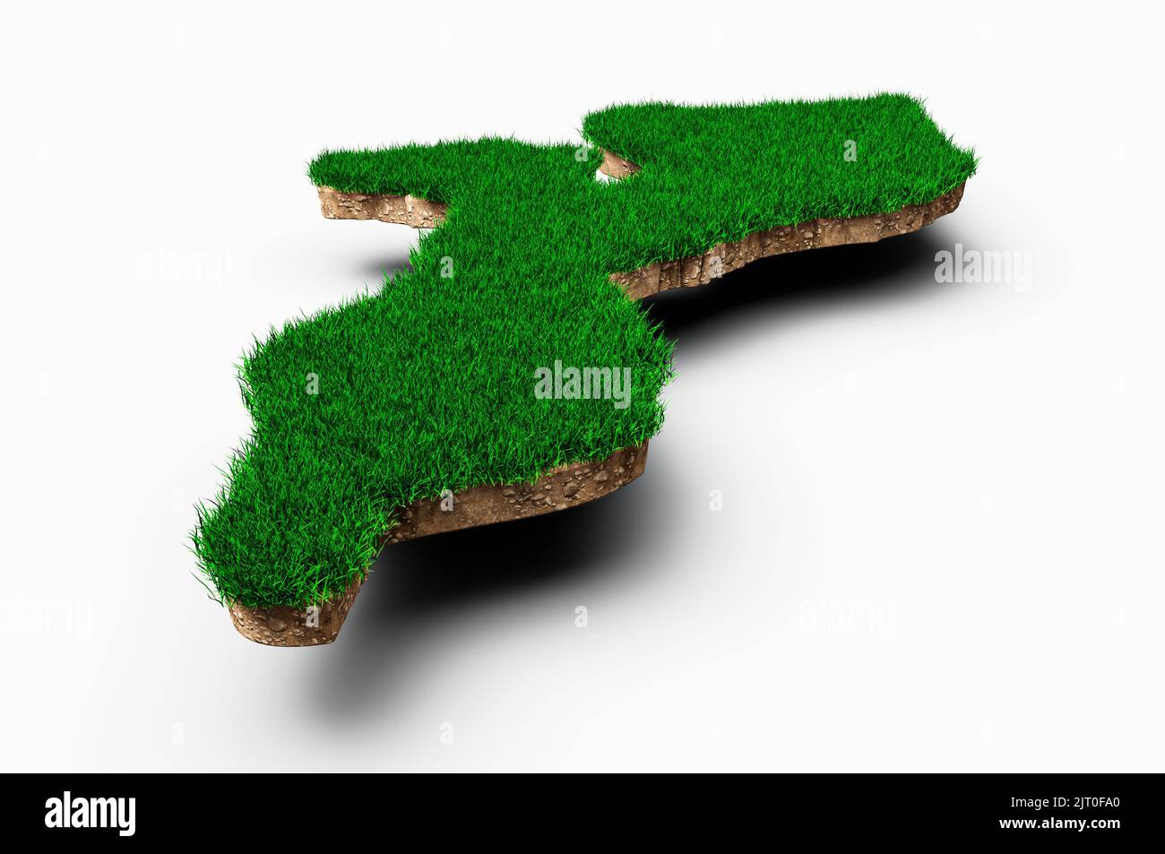 Un'illustrazione 3D della mappa del Mozambico con la struttura dell'erba e del suolo su sfondo bianco Foto Stock