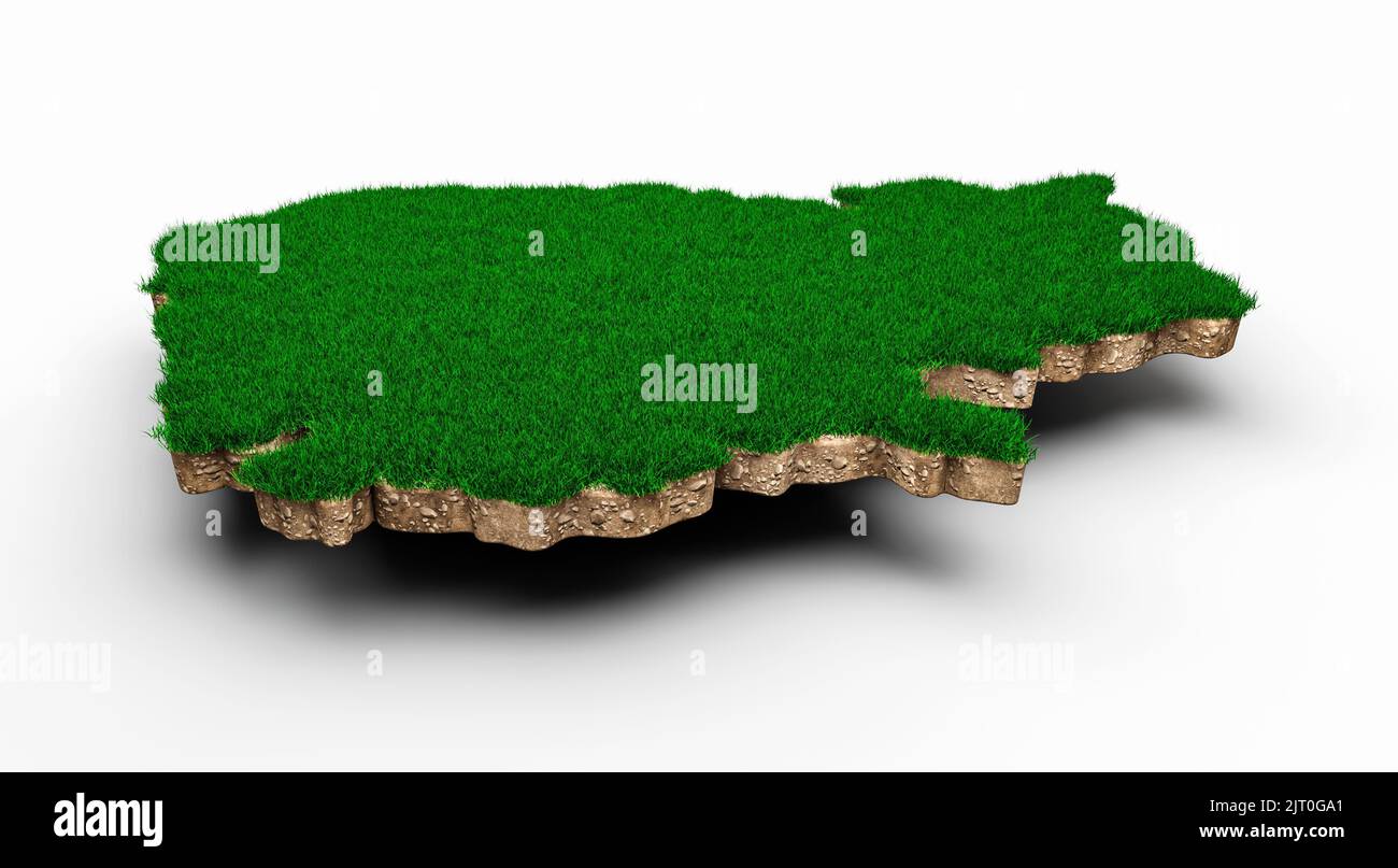 Un rendering 3D della mappa della Cambogia con erba verde isolato sullo sfondo bianco Foto Stock