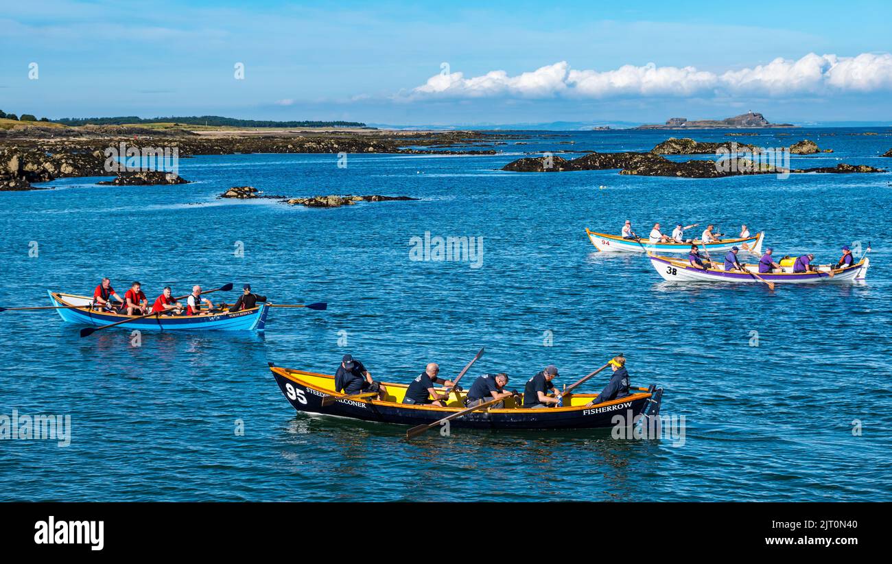 North Berwick, East Lothian, Scotland, UK, 27th agosto 2022. Regata di canottaggio costiero: La città balneare ospita la regata annuale nel Firth of Forth in una bella giornata di sole con squadre di club di tutta la Scozia orientale. Credit: Sally Anderson/Alamy Live News Foto Stock