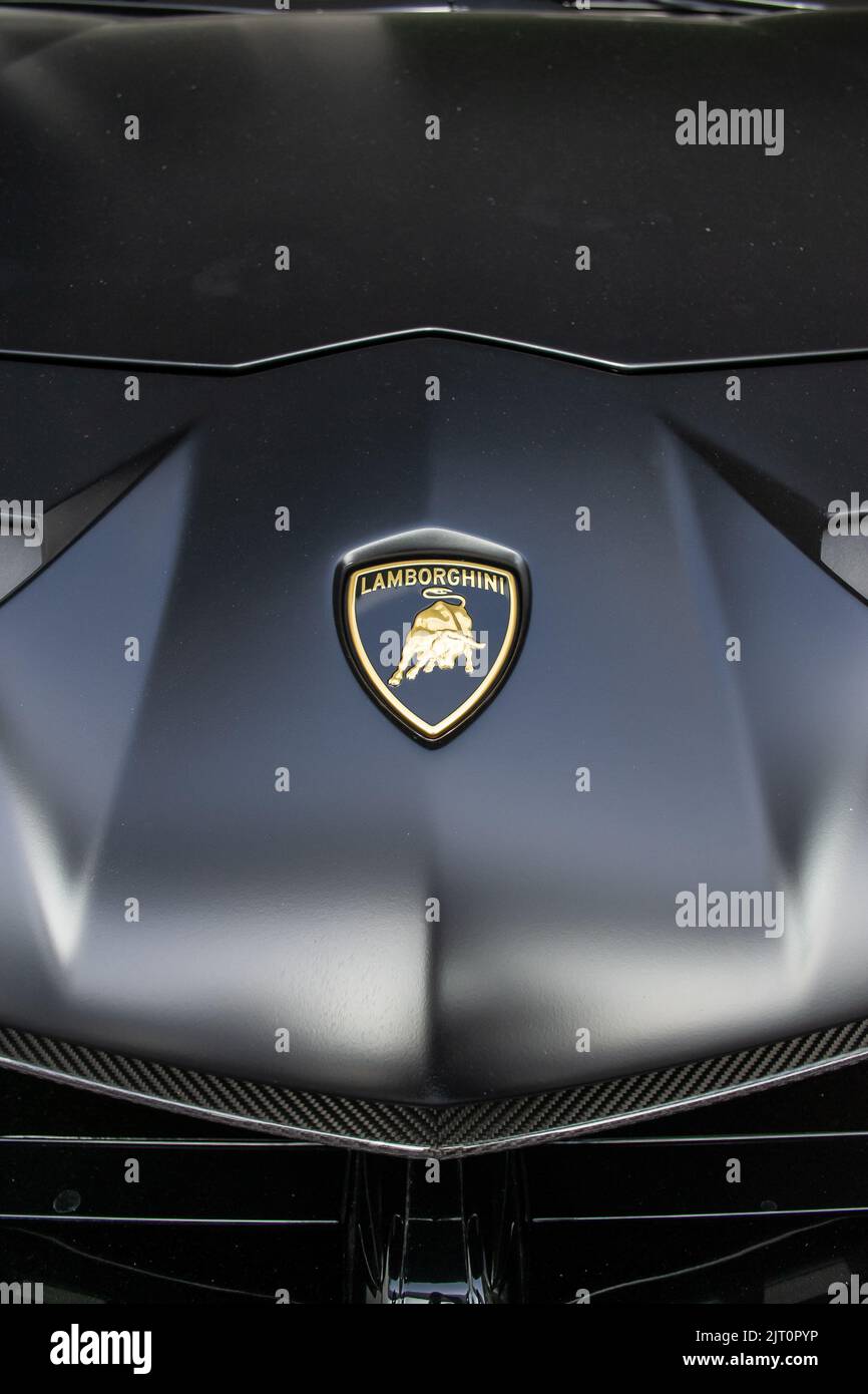 Primo piano di una vettura di lusso Lamborghini Aventador SVJ nera opaca Foto Stock