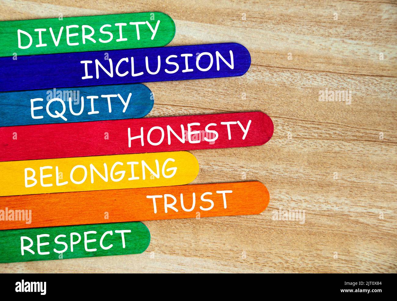 Diversità, inclusione, uguaglianza, onestà, appartenenza, Fidatevi e rispettate il testo sul colorato bastone di legno - concetto di cultura aziendale. Foto Stock