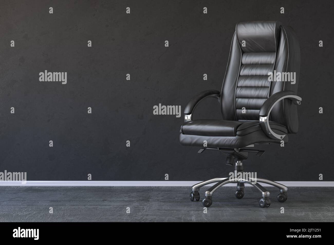 Sedia da ufficio nera in interni neri con spazio per il testo. illustrazione 3d Foto Stock