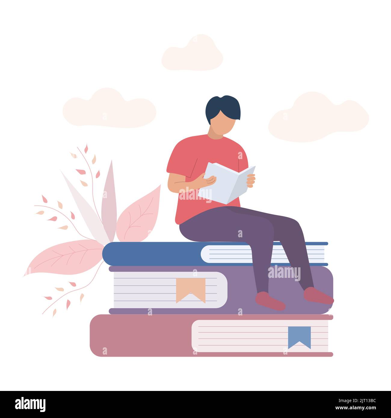 Uomo seduto su un mucchio di libri. Vettore e illustrazione. Illustrazione Vettoriale
