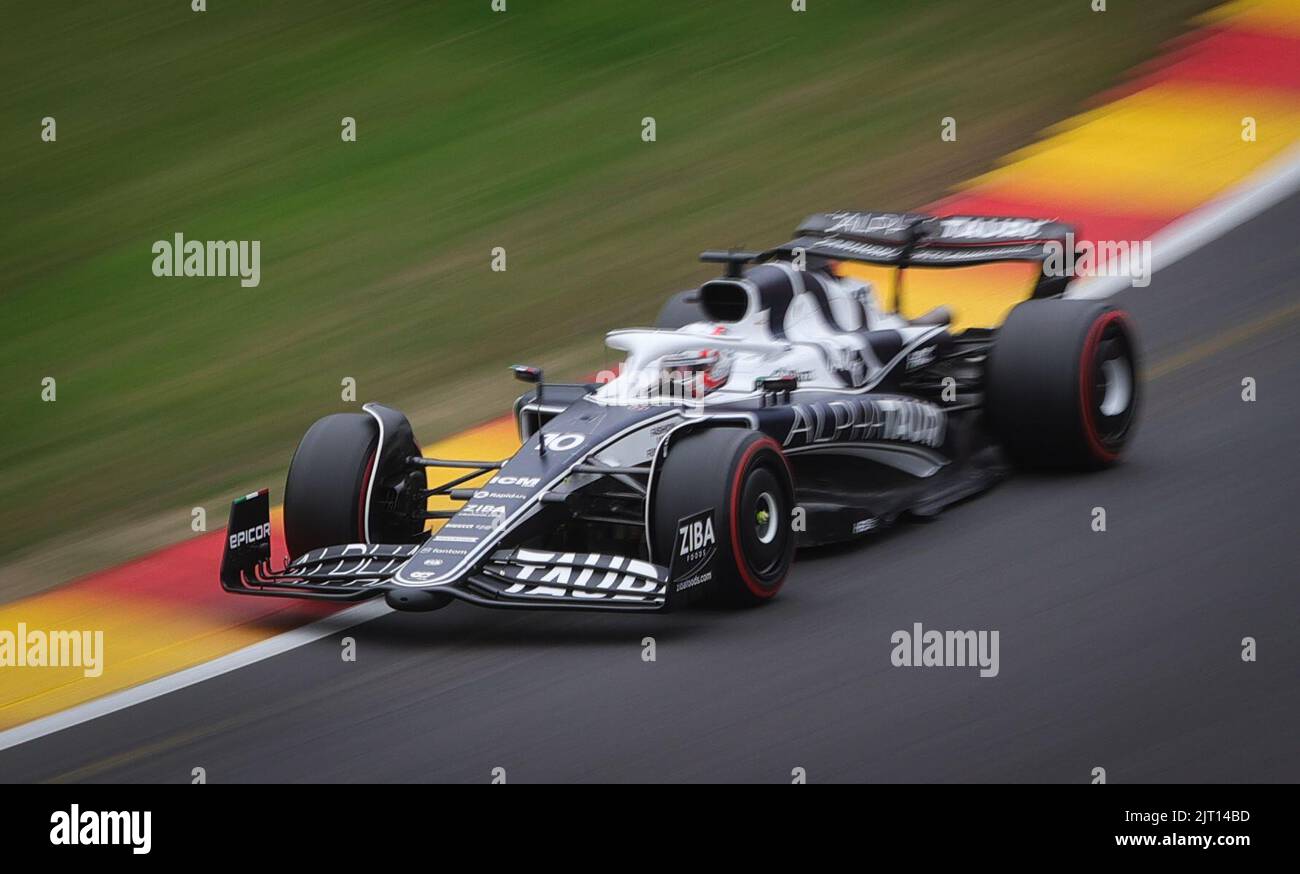 La Scuderia AlphaTauri, pilota francese Pierre Gasly, ha illustrato in azione durante la terza sessione di prove libere al Gran Premio del Belgio F1, a Spa-Francorchamps, sabato 27 agosto 2022. Il Gran Premio di Formula uno di Spa-Francorchamps si svolge questo fine settimana, dal 26th al 28th agosto. BELGA PHOTO VIRGINIE LEFOUR Foto Stock