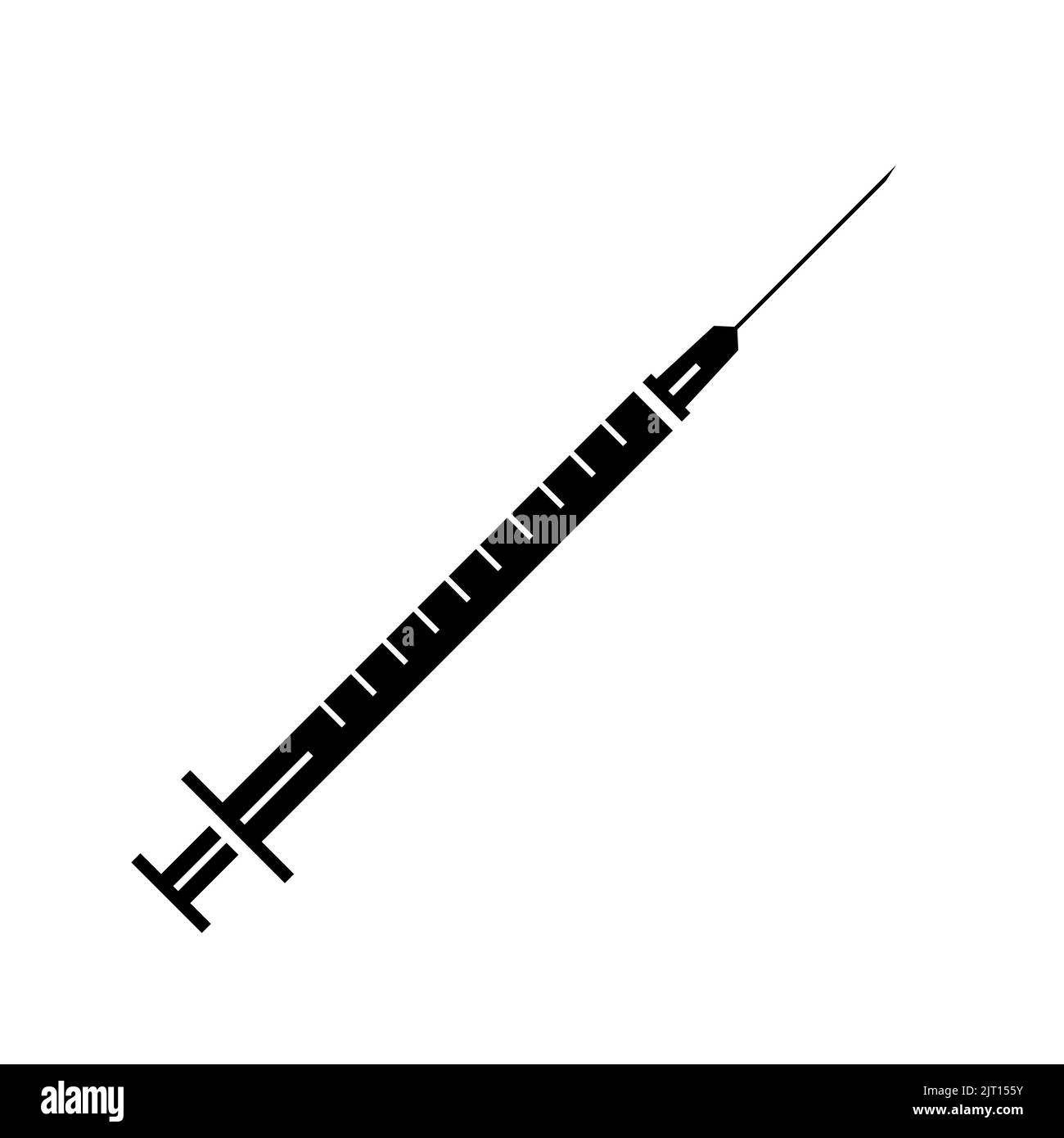 Icona nera di una siringa sottile. Uno strumento medico è isolato su uno sfondo bianco. Illustrazione Vettoriale