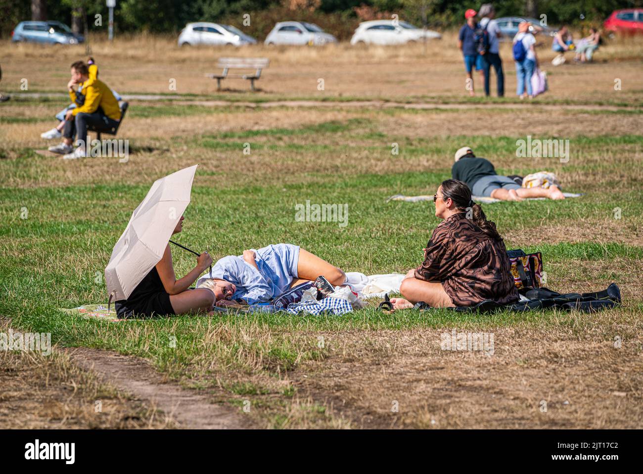 Wimbledon, Londra, Regno Unito. 27 agosto 2022 persone che godono del sole caldo su Wimbledon Common , sud-ovest di Londra guardando leggermente meno scappato dopo la recente pioggia. La previsione è per le temperature alte che raggiungono $30celsius sopra il WeekendCredit di festa della banca. amer Ghazzal/Alamy Live News Foto Stock