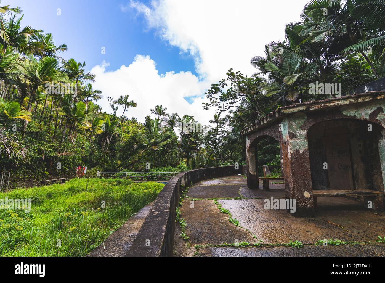 Abbandona la Bathhouse nell'area di nuoto di Bano Oro nella foresta nazionale di El Yunque, Puerto Rico Foto Stock