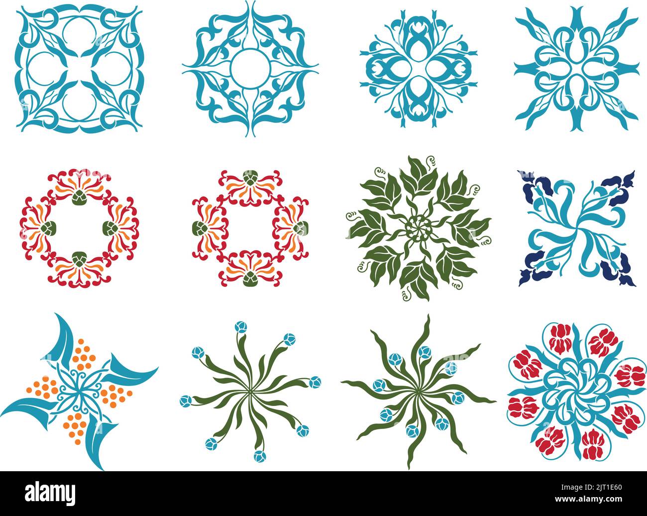 Una serie di icone decorative vettoriali d'epoca floreali primaverili. Illustrazione Vettoriale