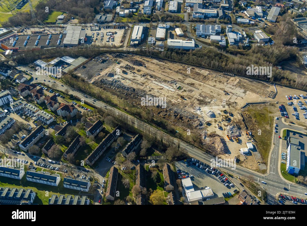 Fotografia aerea, zona industriale di Brownfield Nierenhofer Straße a Rosenthal, zona o&K, Hattingen, zona Ruhr, Renania settentrionale-Vestfalia, Germania, buildi Foto Stock