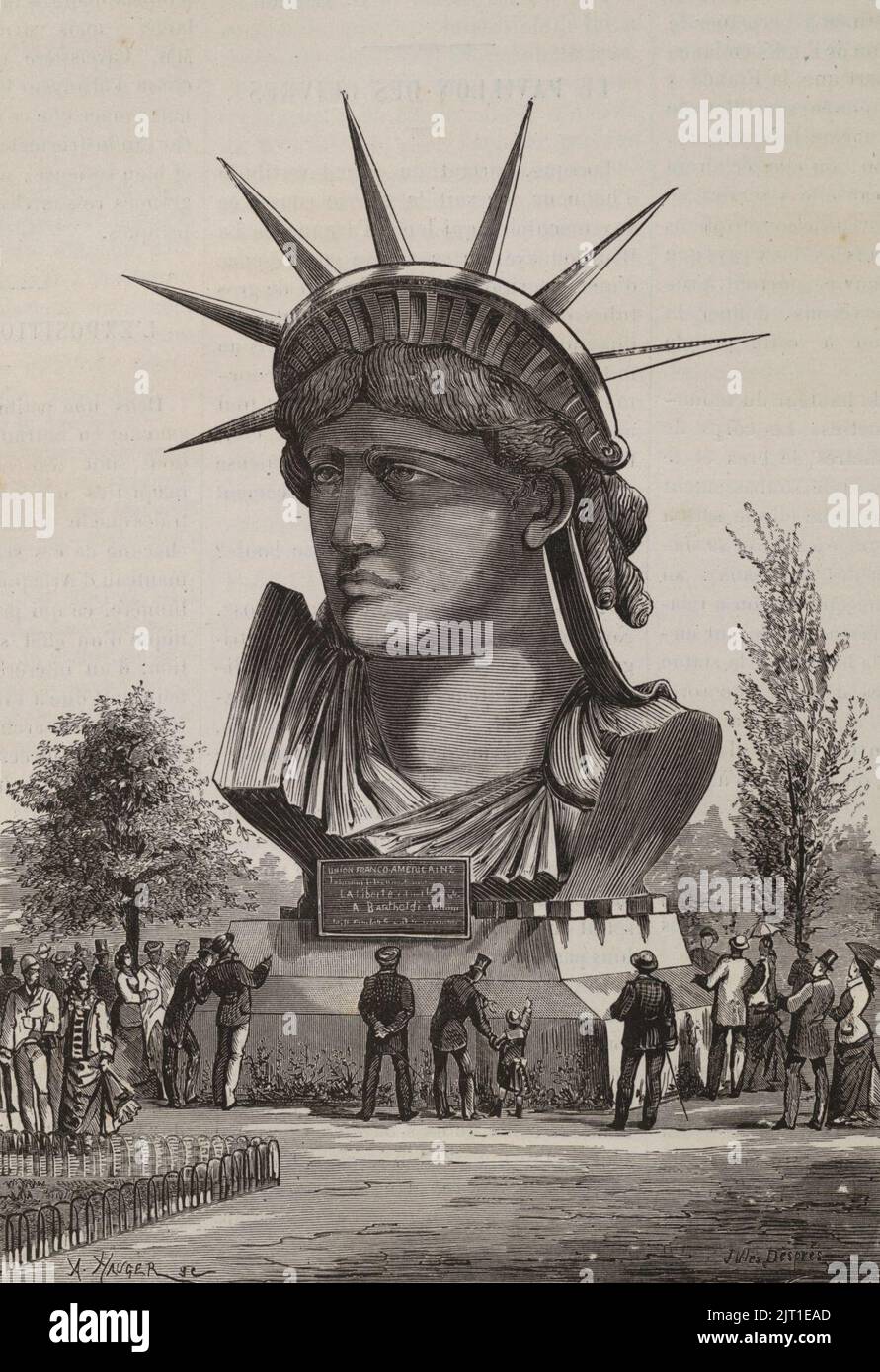 Tête de la statua colossale de la Liberté, dans le parc du Champ-de-Mars. Foto Stock