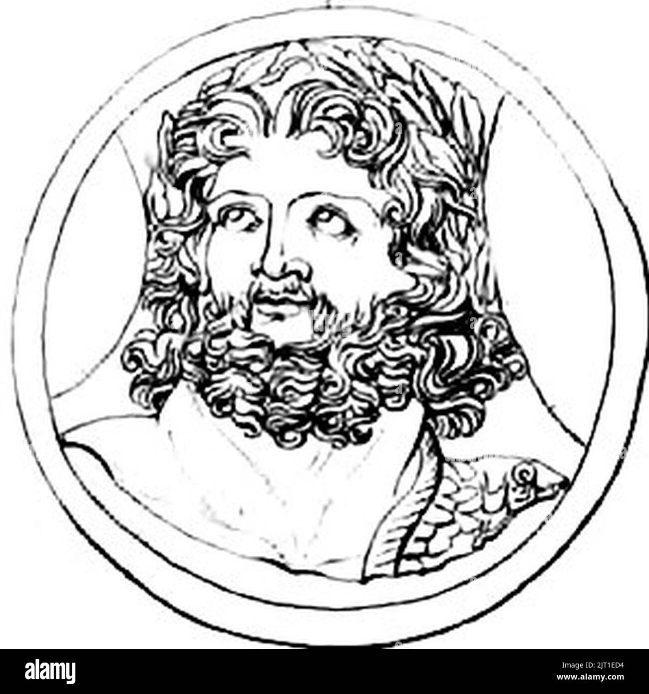 Tête de Zeus avec couronne végétale et portant l'égide sur l'épaule dessin d'un camée. Foto Stock