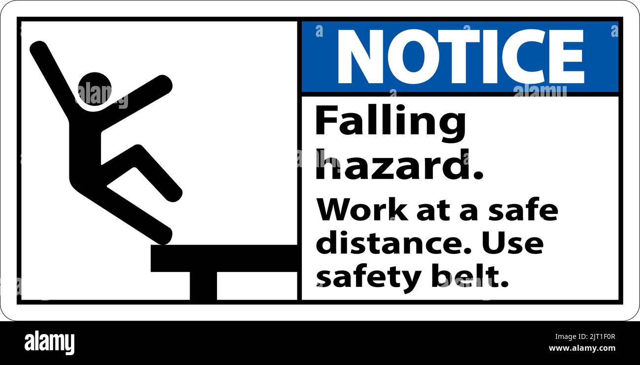 Avviso pericolo di caduta utilizzare il cartello con la cintura di sicurezza su sfondo bianco Illustrazione Vettoriale