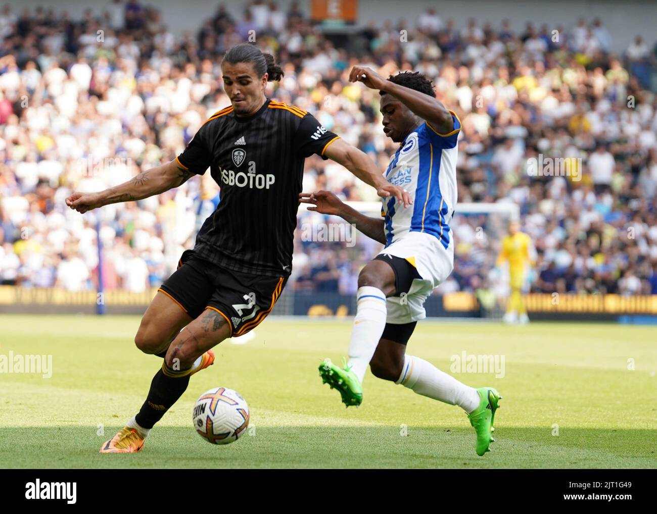 Pascal Struijk di Leeds United (a sinistra) e Tariq Lamptey di Brighton e Hove Albion si battono per la palla durante la partita della Premier League presso l'AMEX Stadium di Brighton. Data immagine: Sabato 27 agosto 2022. Foto Stock