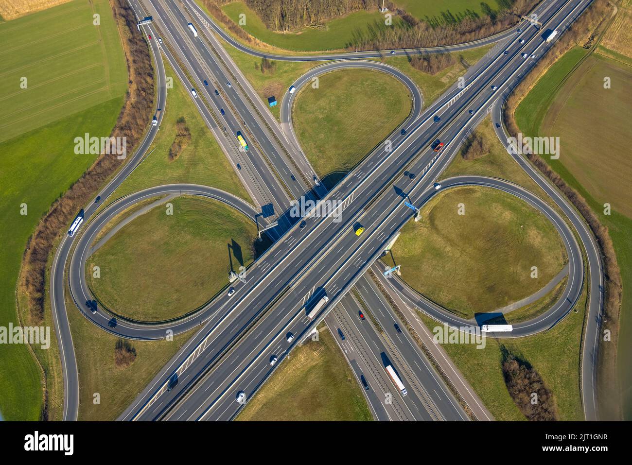 Fotografia aerea, svincolo autostradale Lotte/Osnabrück, superstrada A1 e superstrada A30, Lotte, Tecklenburger Land, Renania settentrionale-Vestfalia, Germania, superstrada, ecc. Foto Stock