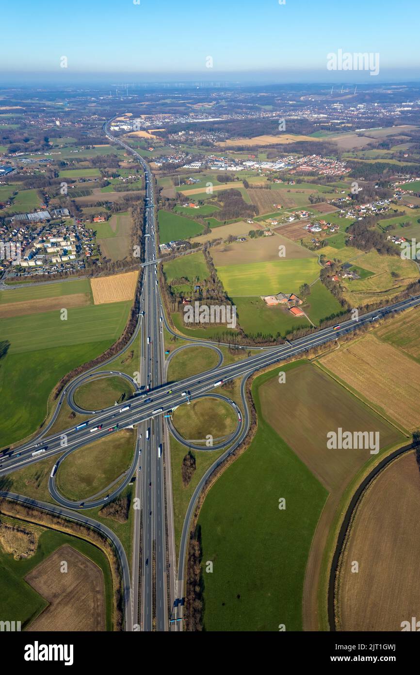 Vista aerea, svincolo autostradale Lotte/Osnabrück, superstrada A1 e superstrada A30, Lotte, Tecklenburger Land, Renania settentrionale-Vestfalia, Germania, superstrada, gratuita Foto Stock