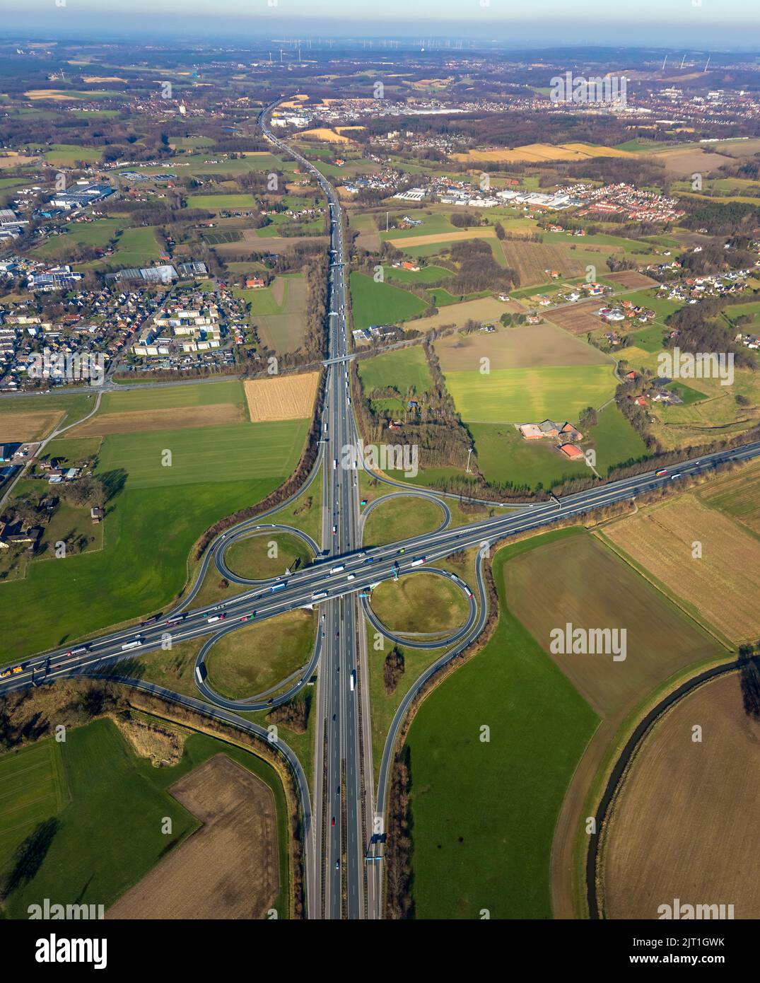 Vista aerea, svincolo autostradale Lotte/Osnabrück, superstrada A1 e superstrada A30, Lotte, Tecklenburger Land, Renania settentrionale-Vestfalia, Germania, superstrada, gratuita Foto Stock