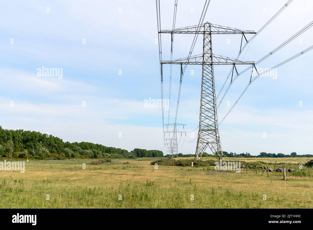 Piloni elettrici che supportano le linee ad alta tensione in campagna in una giornata estiva poco nuvolosa Foto Stock