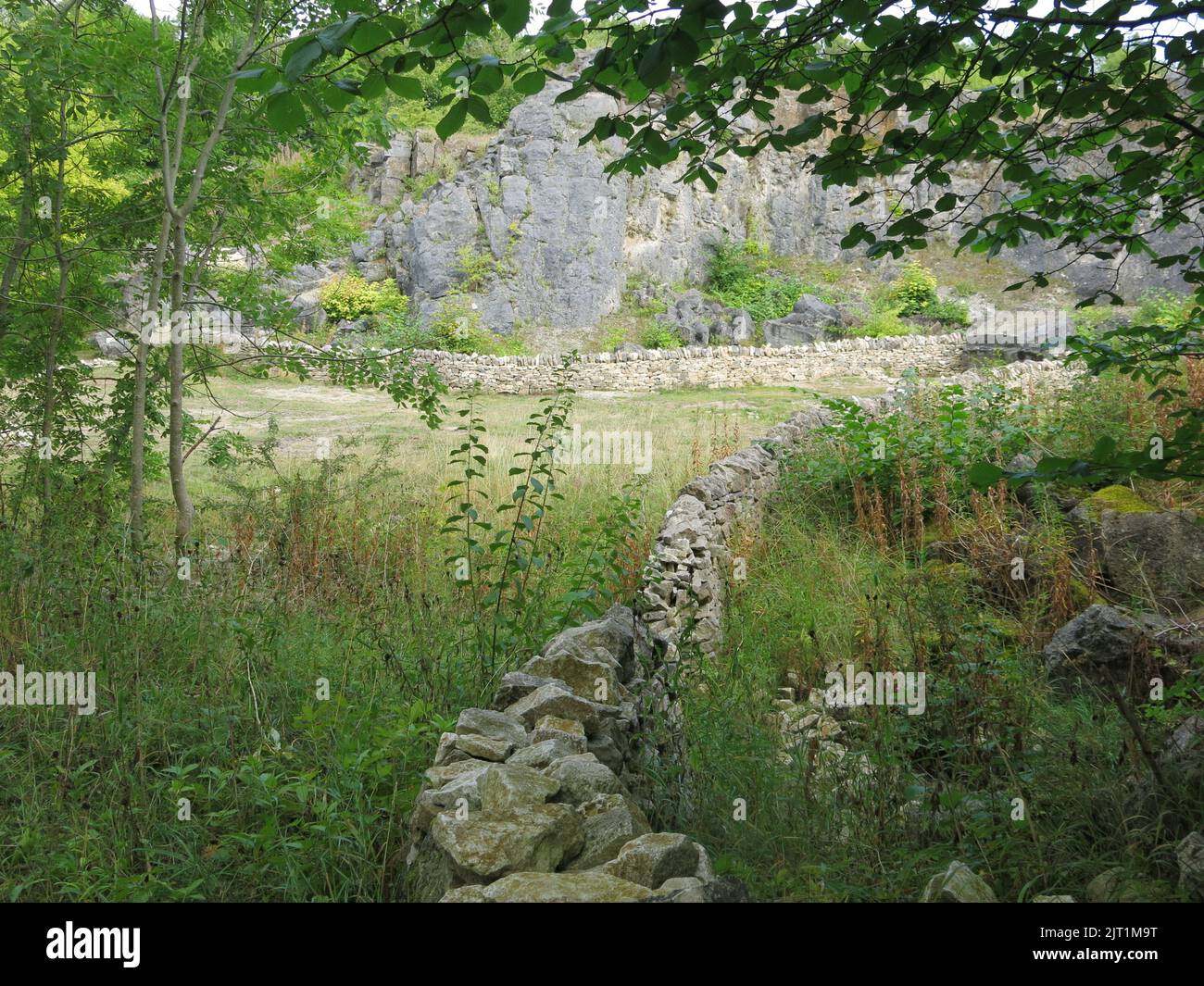 National Stone Centre, Derbyshire: Cave di pietra calcarea, stili di pareti in pietra a secco, sentieri fossili e habitat naturali sono alcune delle attività all'aperto. Foto Stock