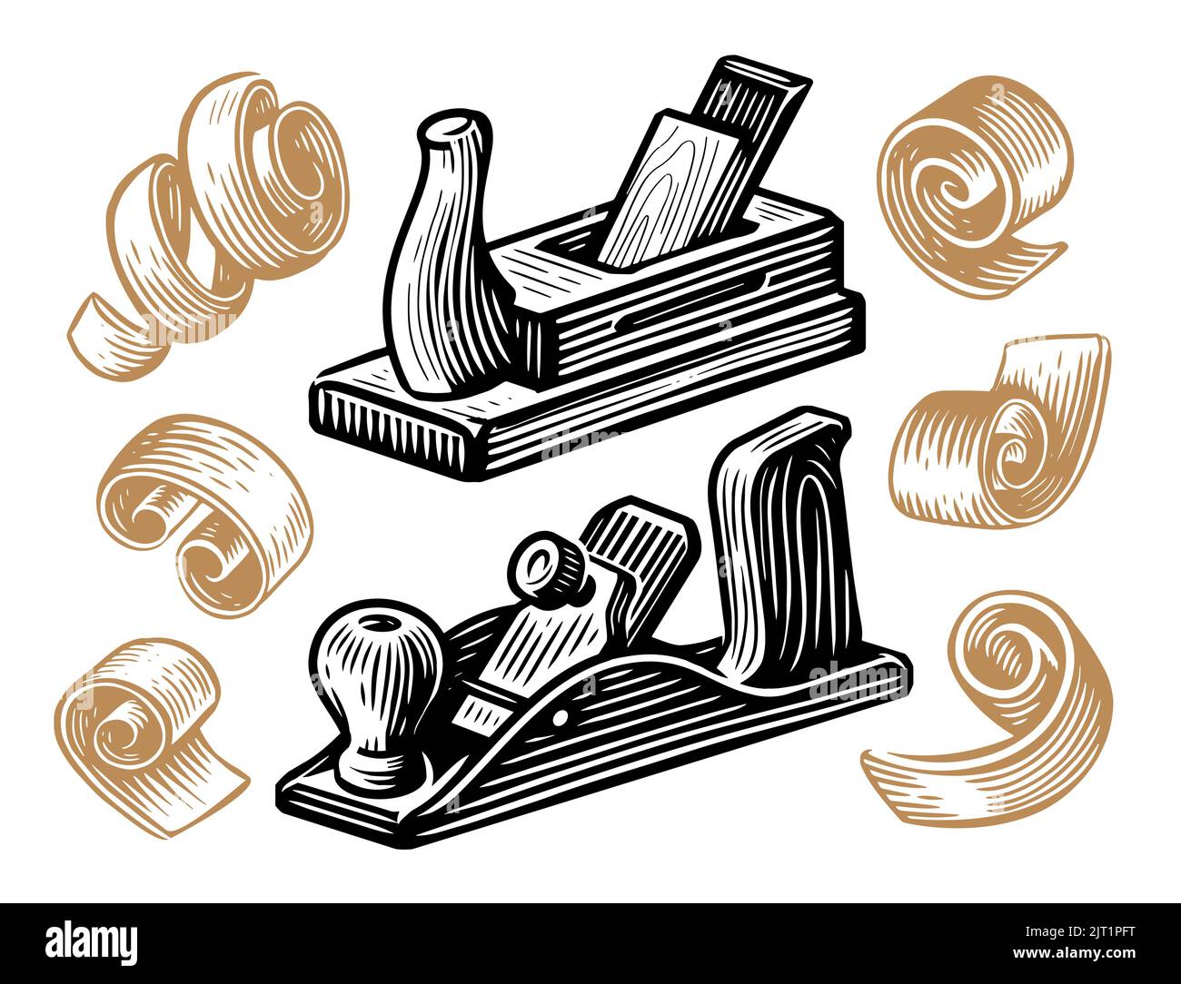 Piallatrice manuale e trucioli in stile schizzo. Falegnameria, concetto di Falegnameria. Illustrazione vettoriale vintage dell'utensile per la lavorazione del legno Illustrazione Vettoriale