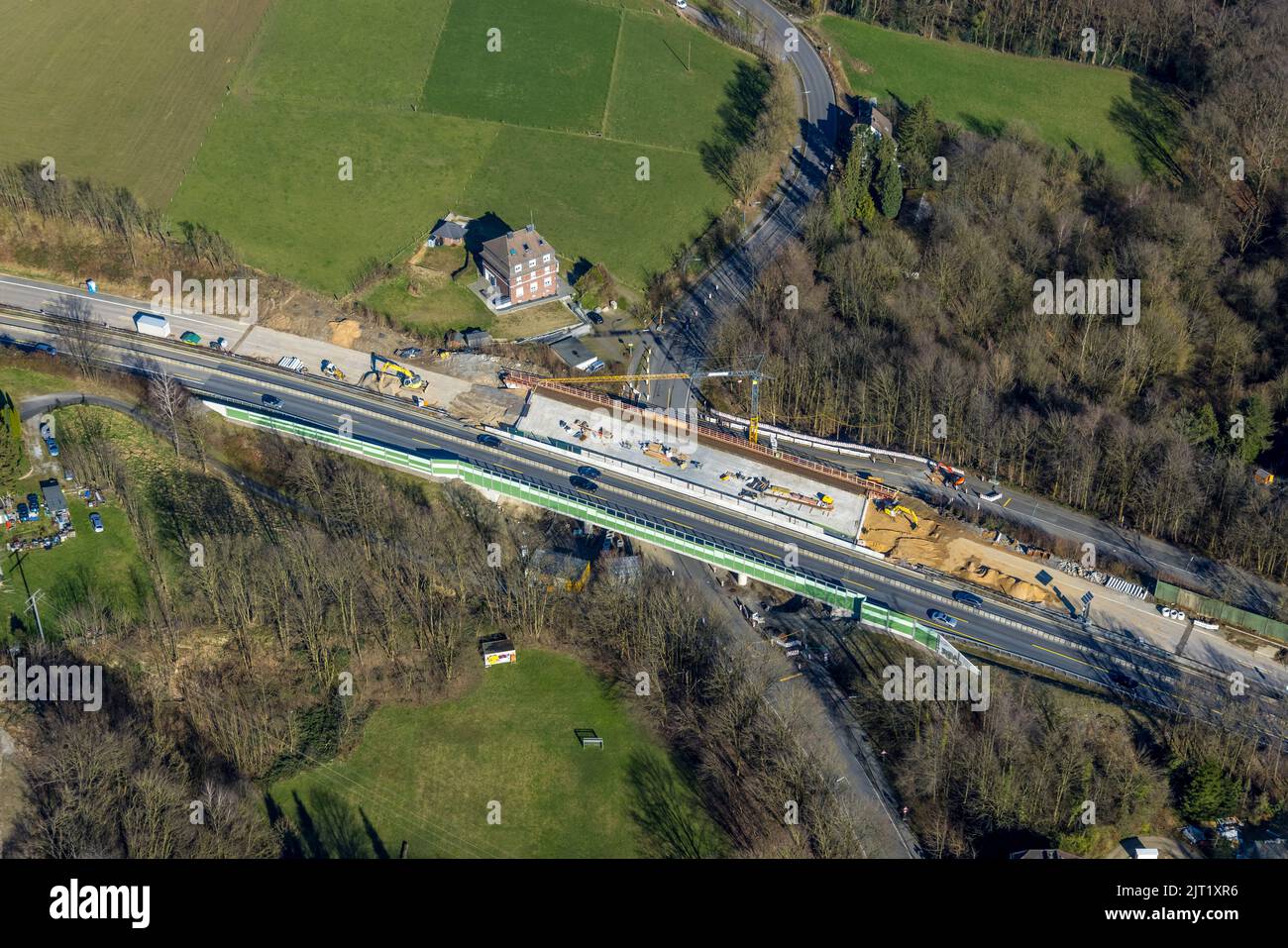 Veduta aerea, cantiere ponte Hixholzer Bach della superstrada A535 su Schmalenhofer Straße, Velbert, Ruhr, Renania settentrionale-Vestfalia, Germania, f Foto Stock